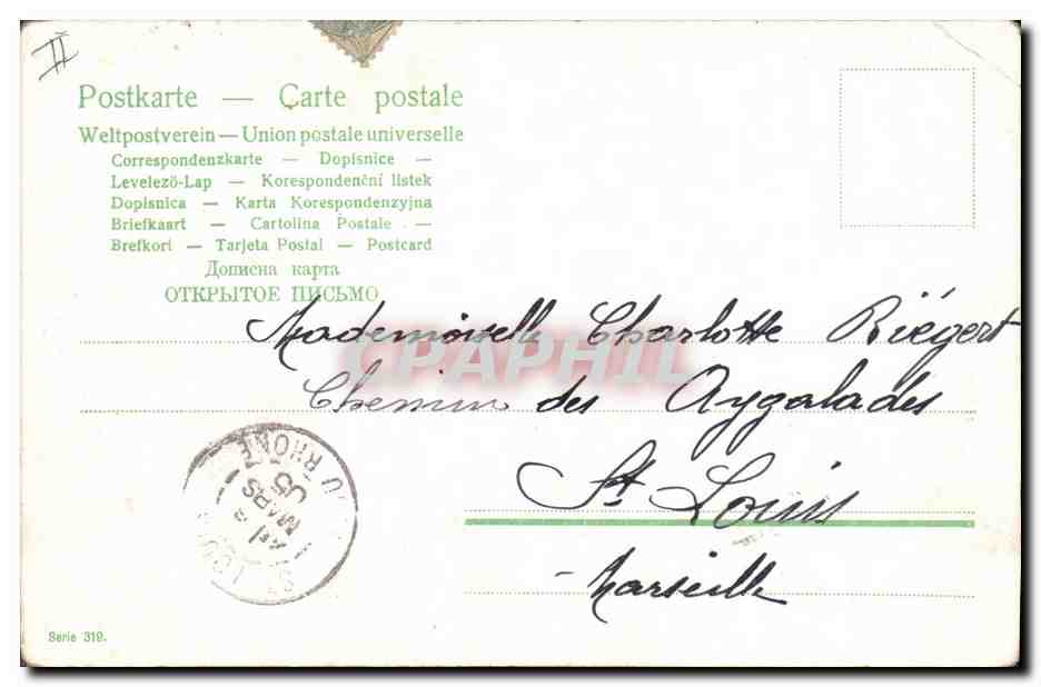 Tarjeta postal antigua Fantasía Niño Bebé Gallo — Reverso