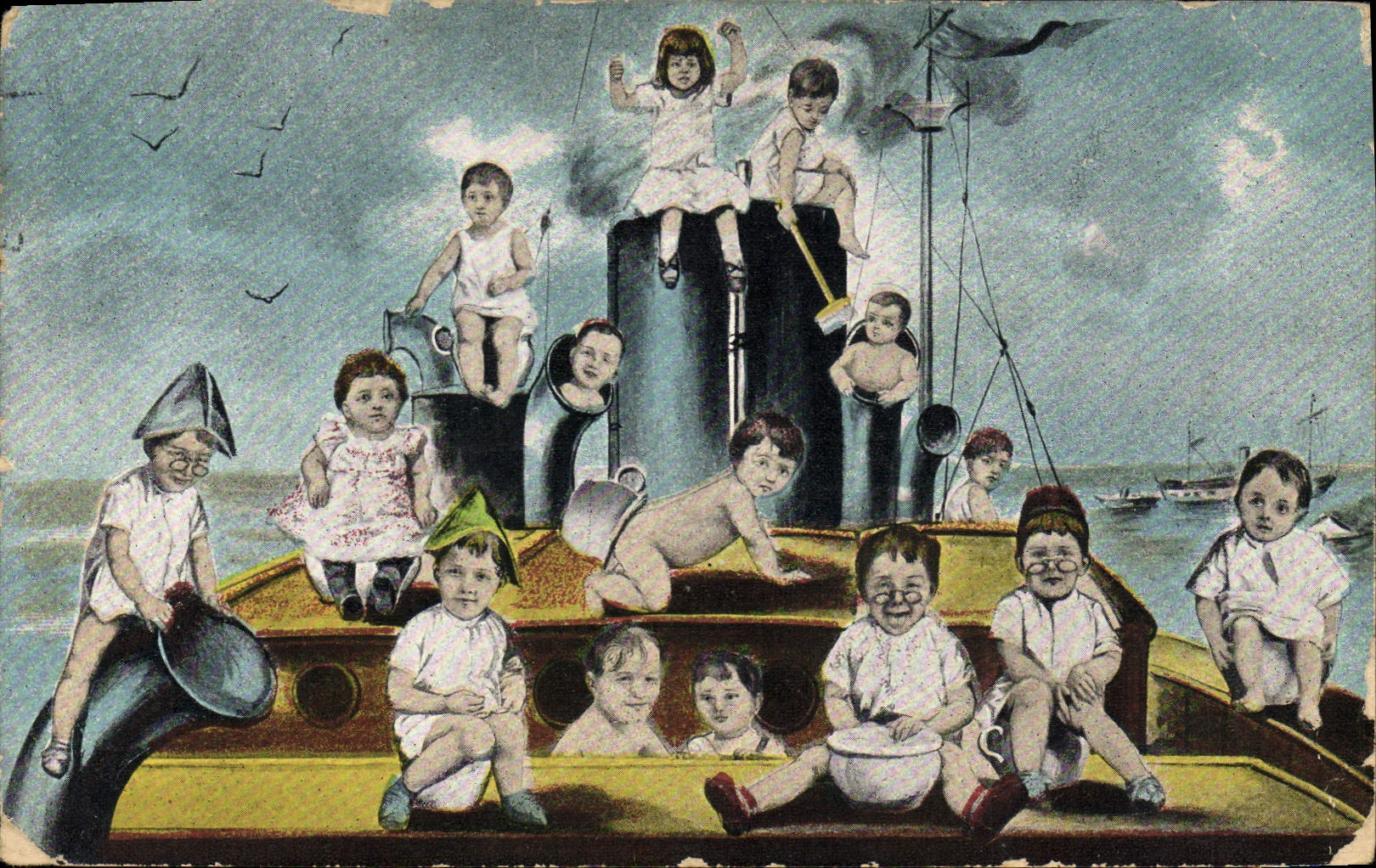 Enfants sur un navire — illustration humoristique — éditeur non identifié, n° de série non visible