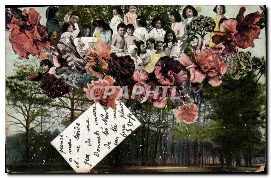 Famille et enfants dans un parc — collage floral — éditeur CPAPHIL, n° 468