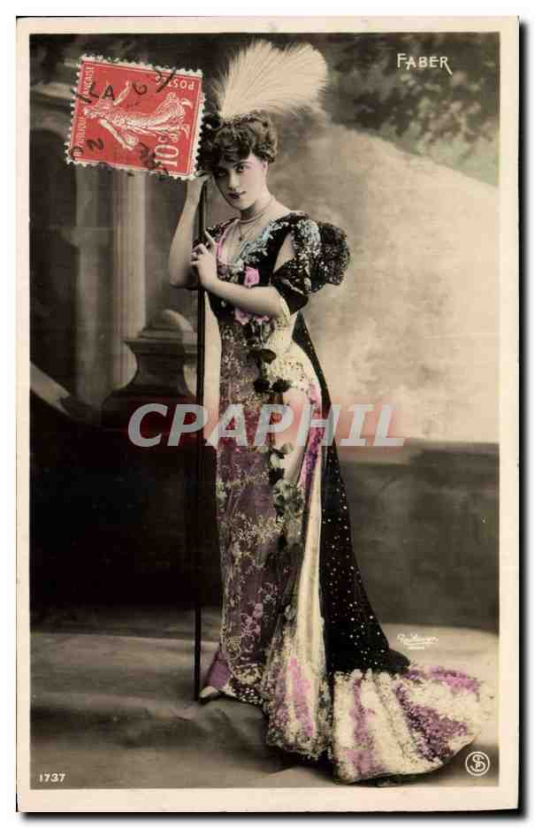 Femme en robe de soirée — pose avec plume — éditeur Faber, n° 1737
