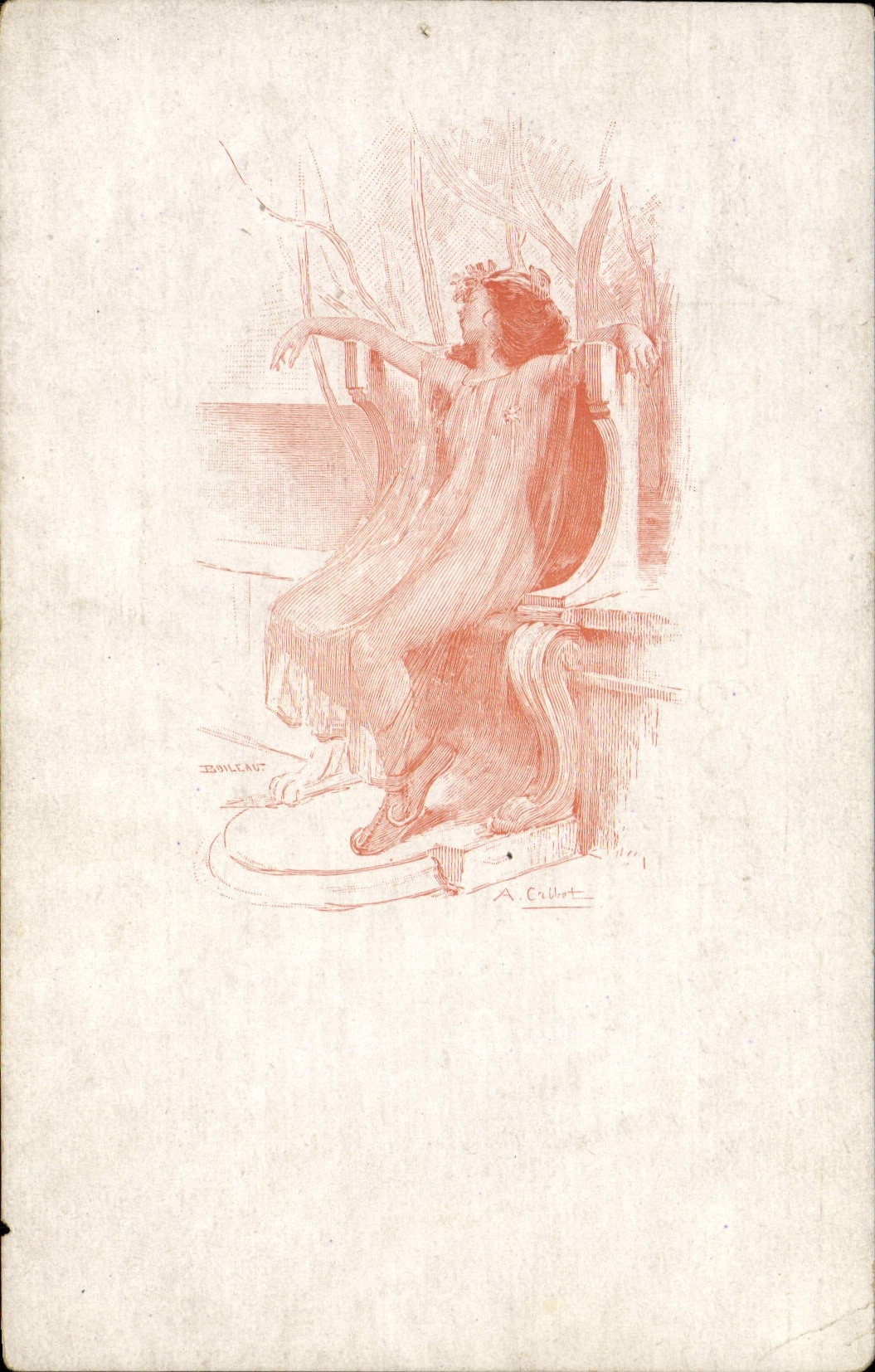 Femme assise sur un trône — dessin en rouge — éditeur A. Coullet