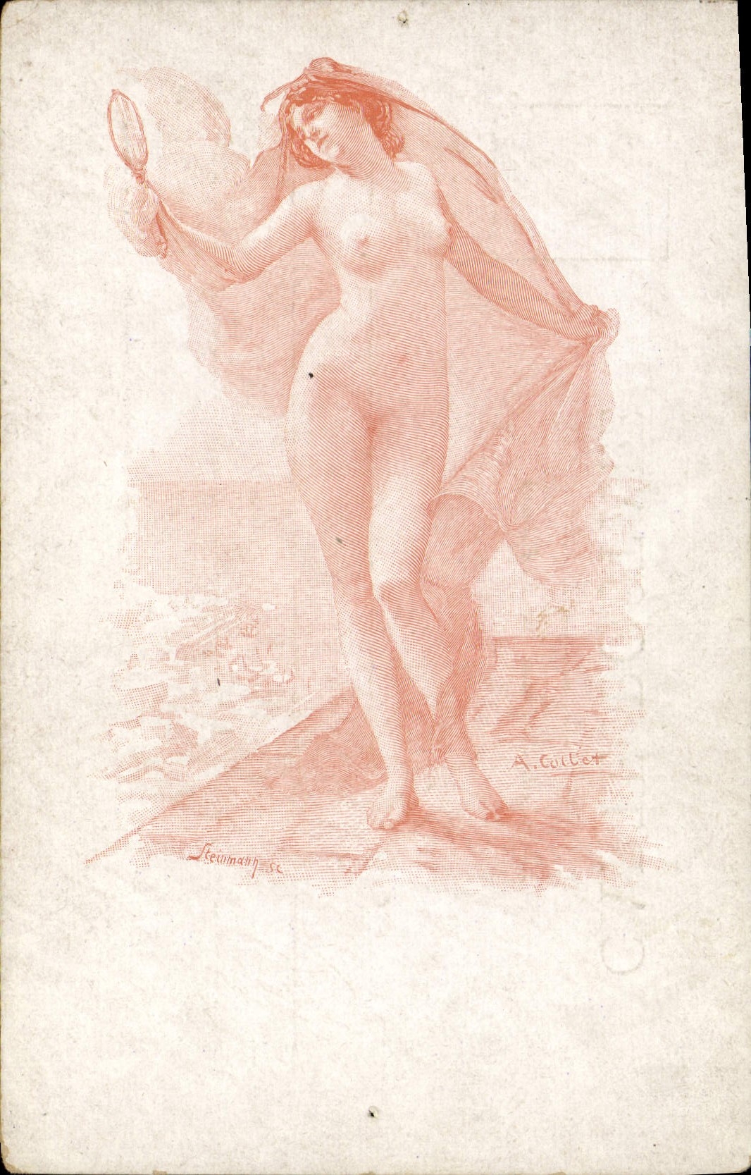 Nue avec miroir — gravure en rouge — A. Gullet