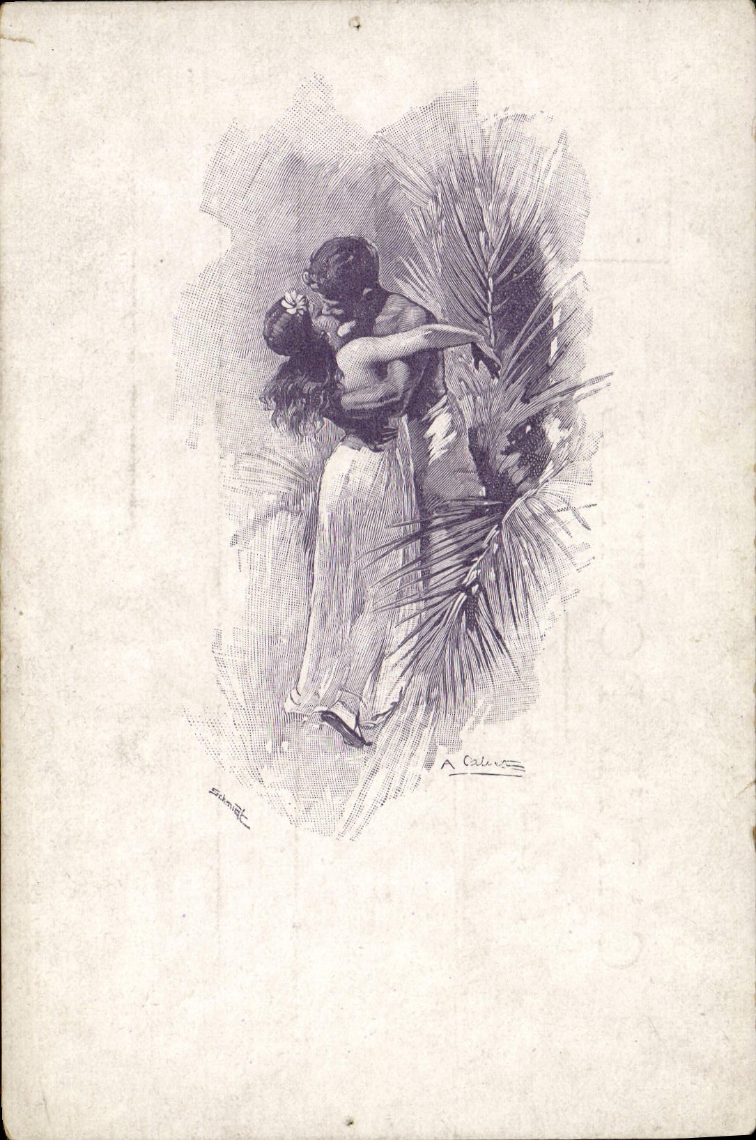 Coppia abbracciata bajo un palmo — ilustración de A. Cadeau — editor no visible