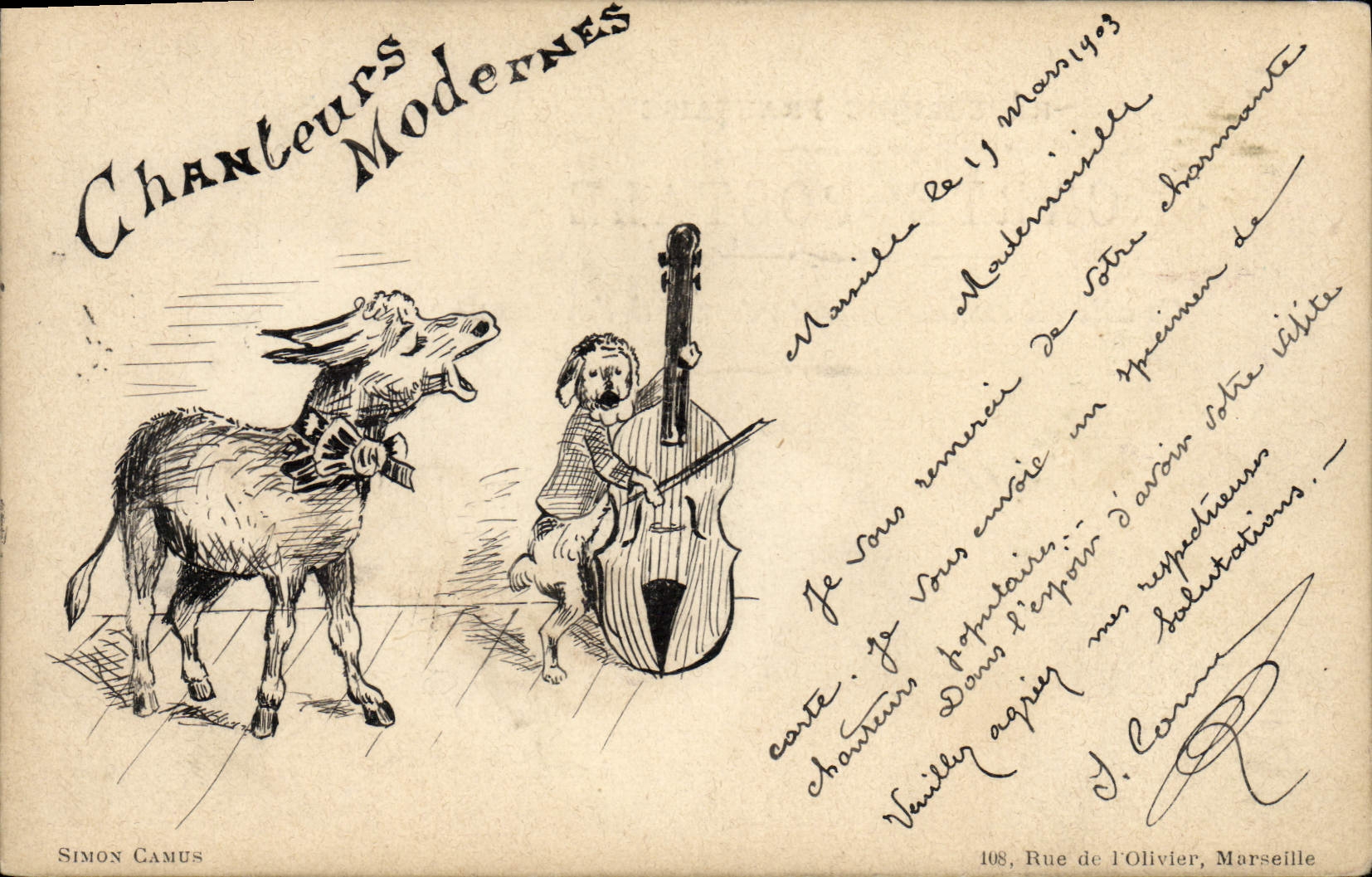 CPA Fantaisie Illustrateur Chanteurs modernes Ane mule Simon Camus