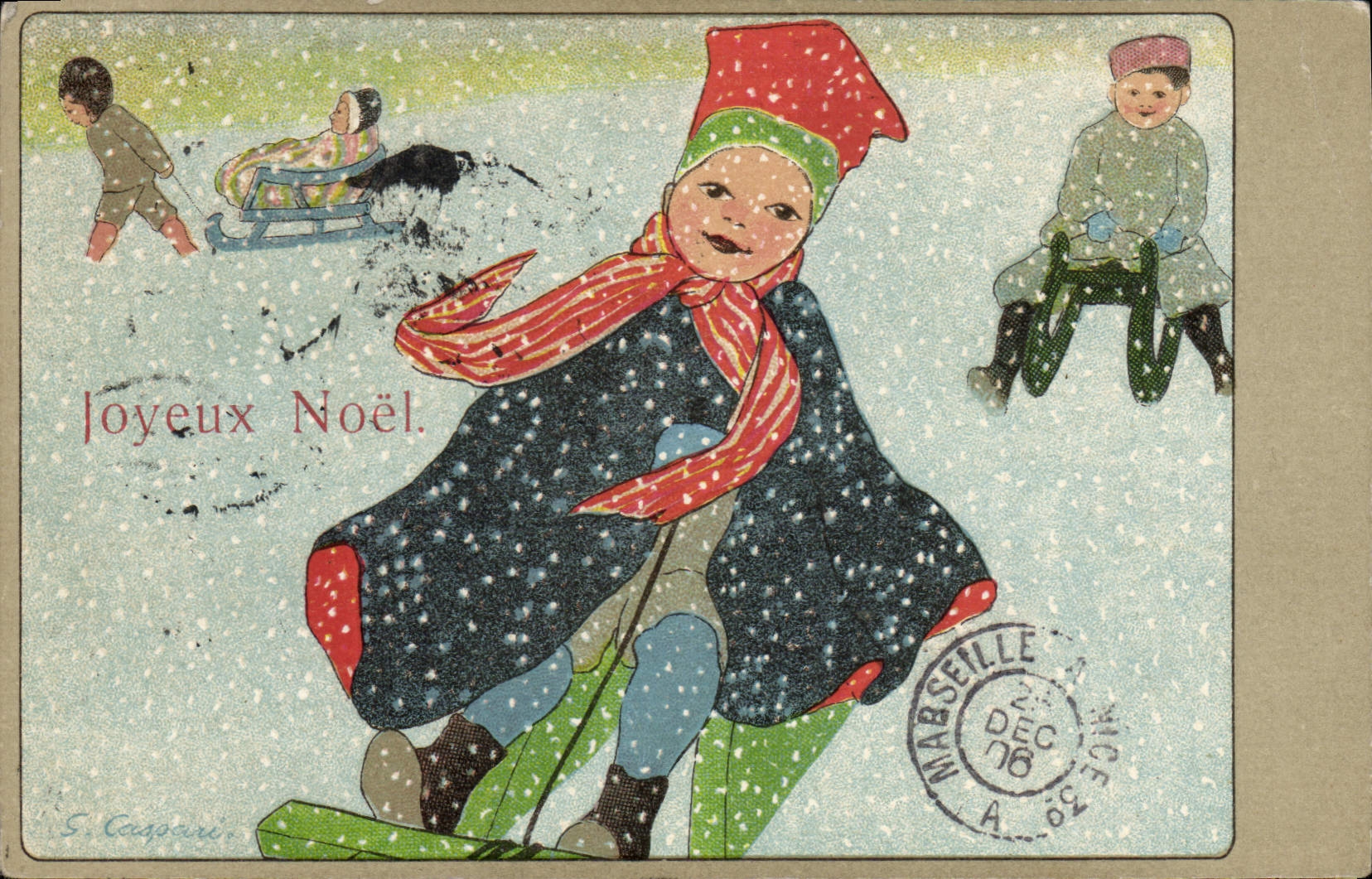 CPA Fantaisie Illustrateur Enfant Noel Traineau