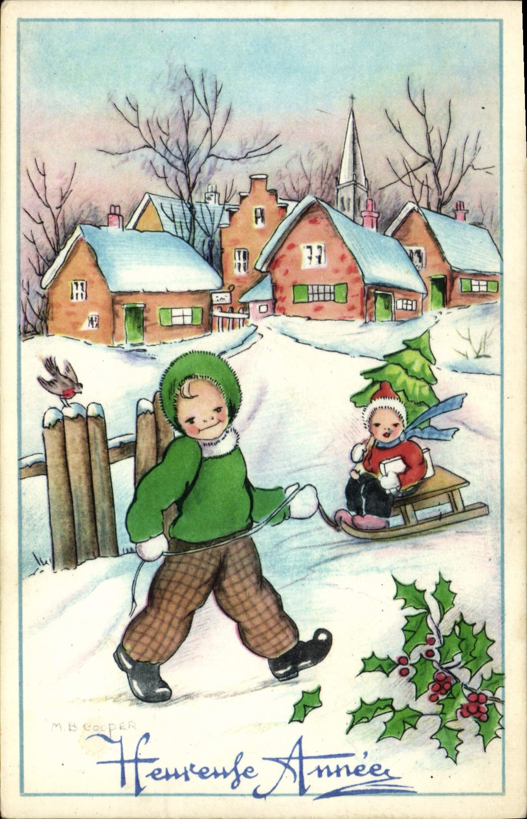 CPA Fantaisie Illustrateur Enfants Traineau Heureuse Annee
