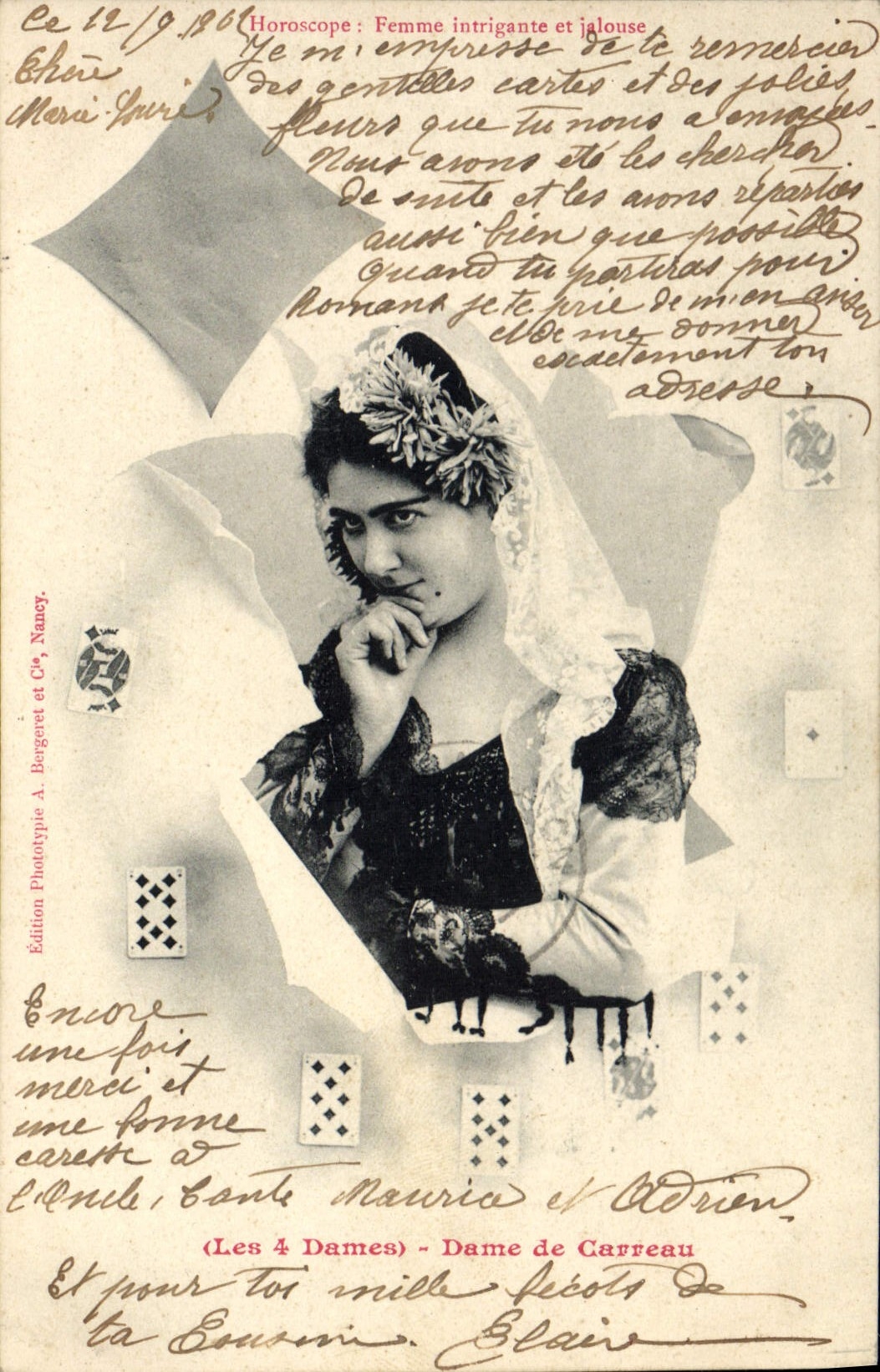 Dame de Carreau — Horoscope : Femme intriguante et jalouse — Édition Phototype A. Bergeret et Cie, Nancy