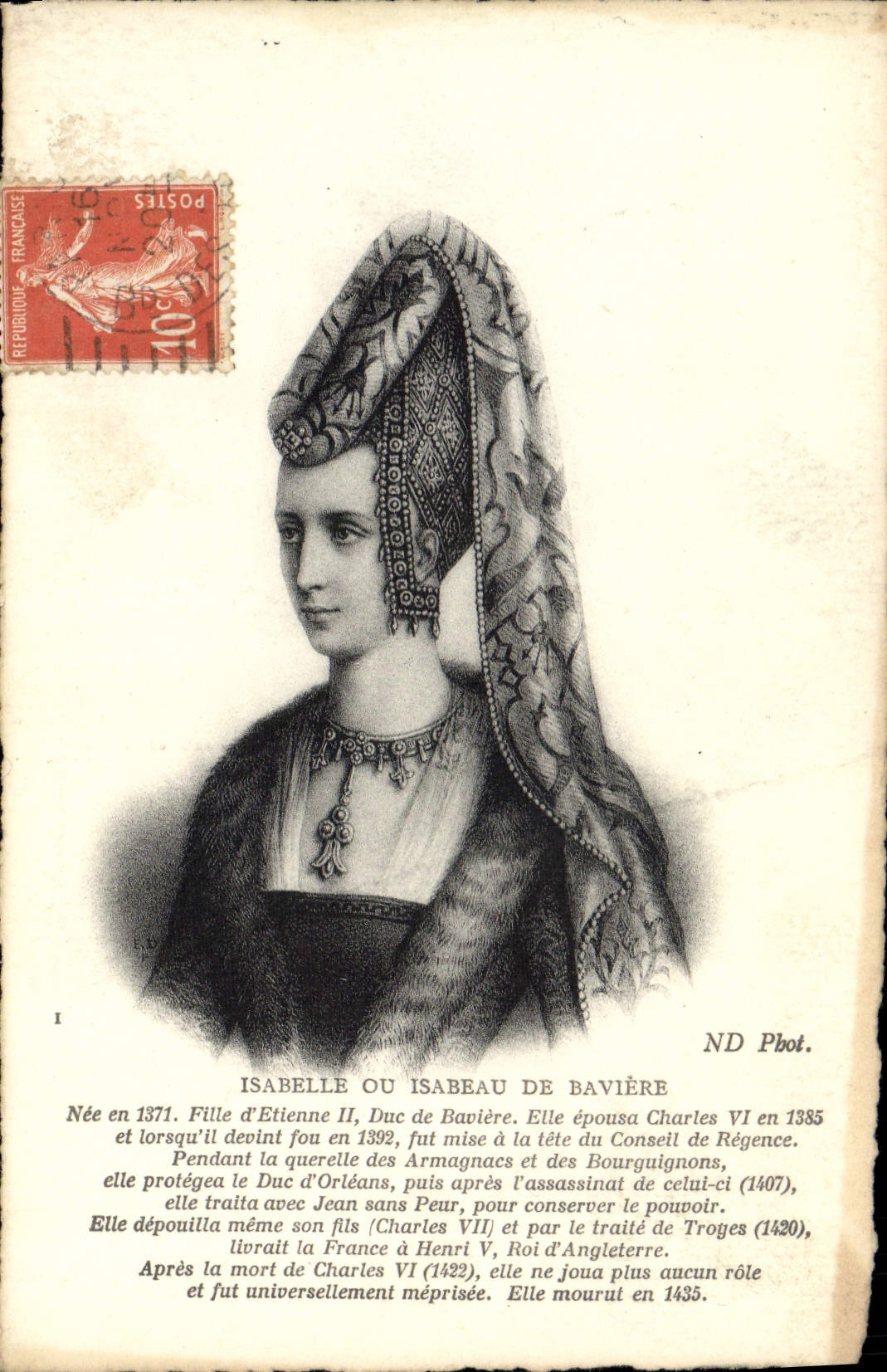 Isabelle ou Isabeau de Bavière — portrait historique — ND Phot.
