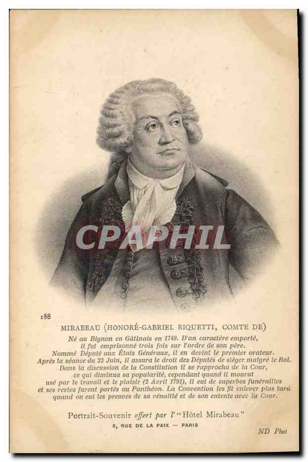 Mirabeau (Honoré-Gabriel Riquetti, comte de) — Portrait-Souvenir offert par l'« Hôtel Mirabeau » — ND Phot, 8, rue de la Paix, Paris - Anverso