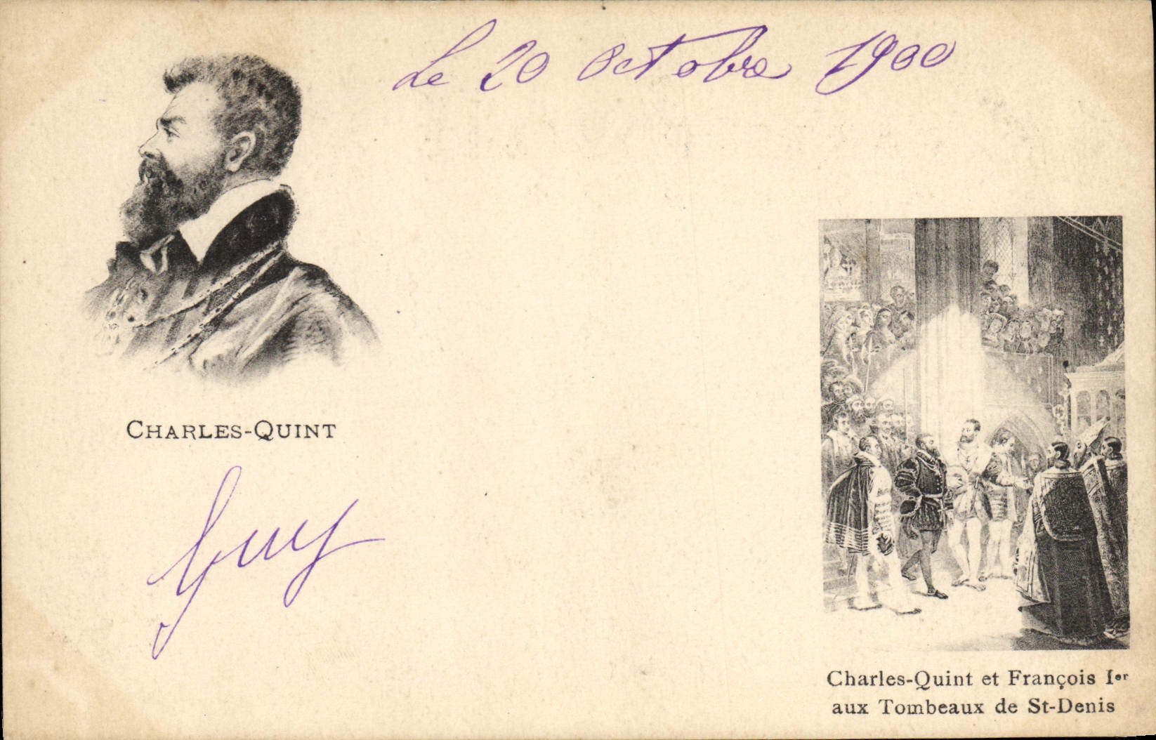 Charles-Quint — Portrait et scène aux Tombeaux de St-Denis — éditeur non visible