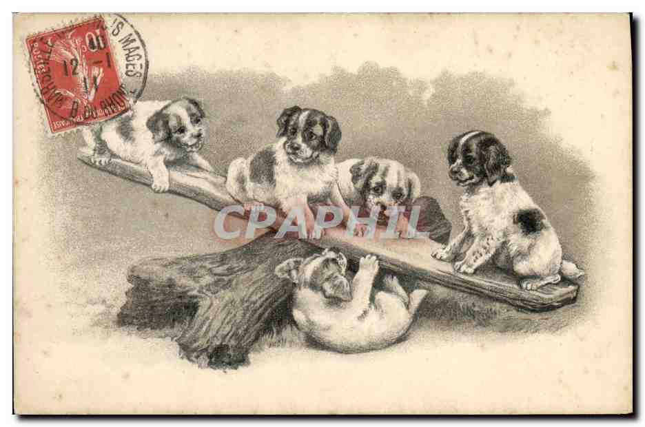 Chiots jouant sur une planche — L. Fontaine, éditeur - Anverso