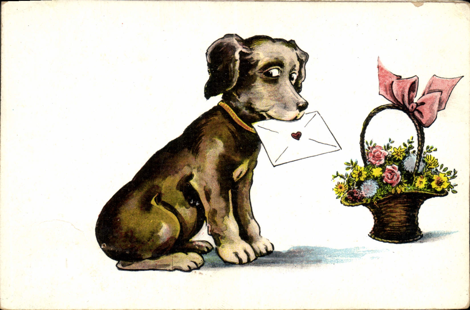 Chien avec lettre et panier de fleurs — éditeur W. S. & S., n° 1211 - Anverso