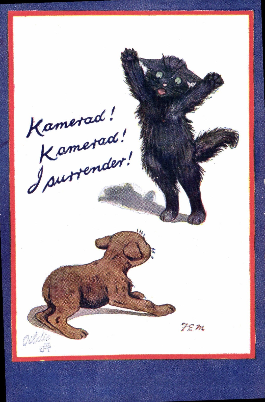 Chat noir et chiot — scène humoristique — Tuck & Sons, n° 3133 - Recto