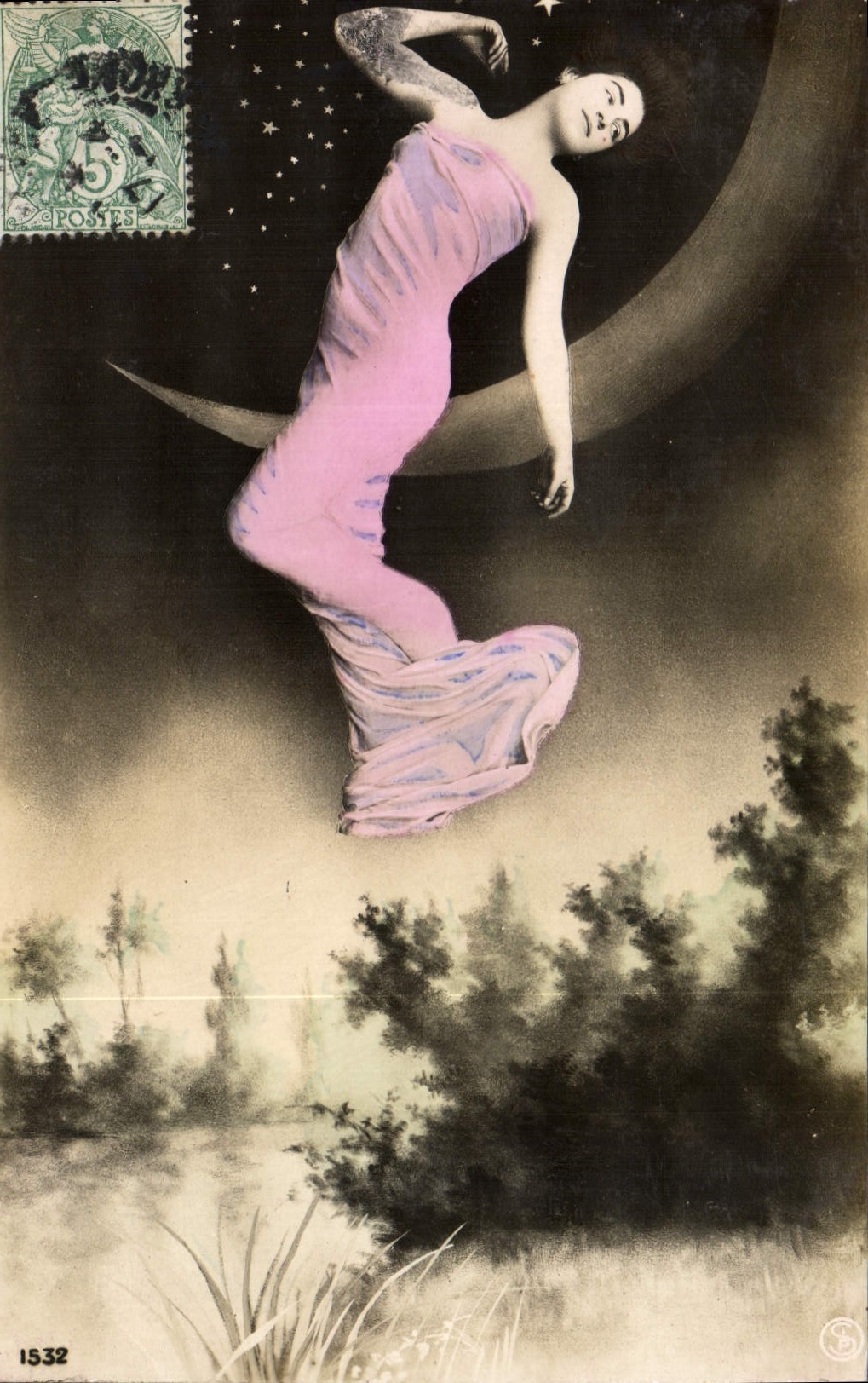 Femme dansant sur la lune — scène nocturne — éditeur S. n° 1532