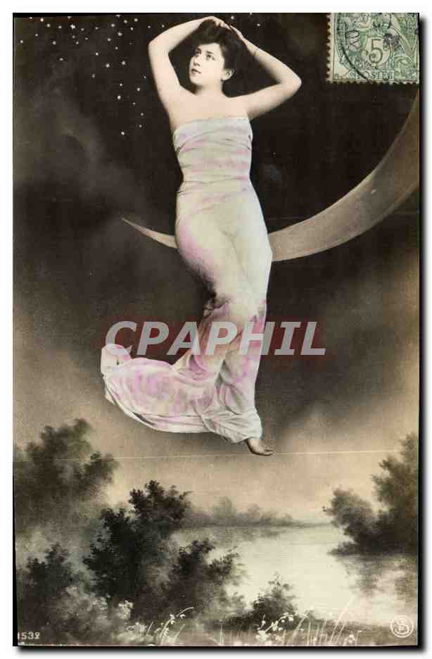 Jeune femme sur croissant de lune — scène nocturne — éditeur inconnu, n° 1532
