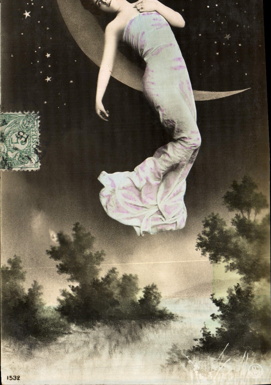 Femme flottant sur la lune — scène nocturne étoilée — éditeur inconnu, n° 1532