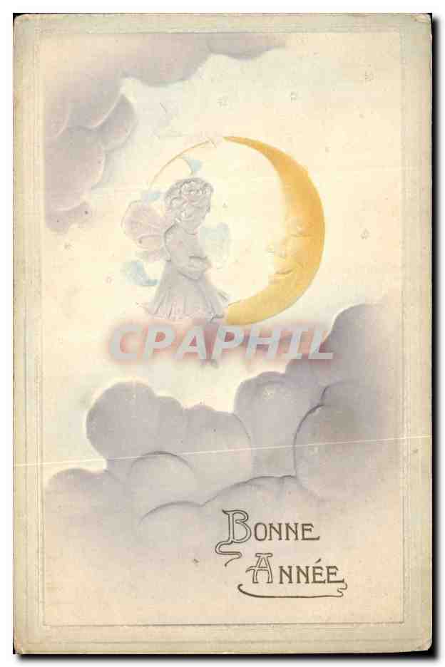 Fée sur croissant de lune — Bonne Année — Carte postale allemande