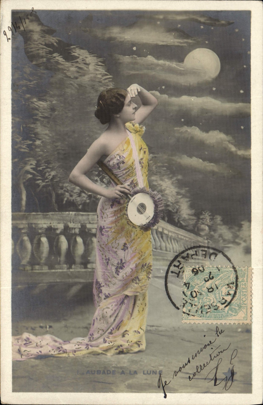 Aubade à la Lune — scène nocturne avec femme en robe fleurie — éditeur L. Aubade, série N. 776