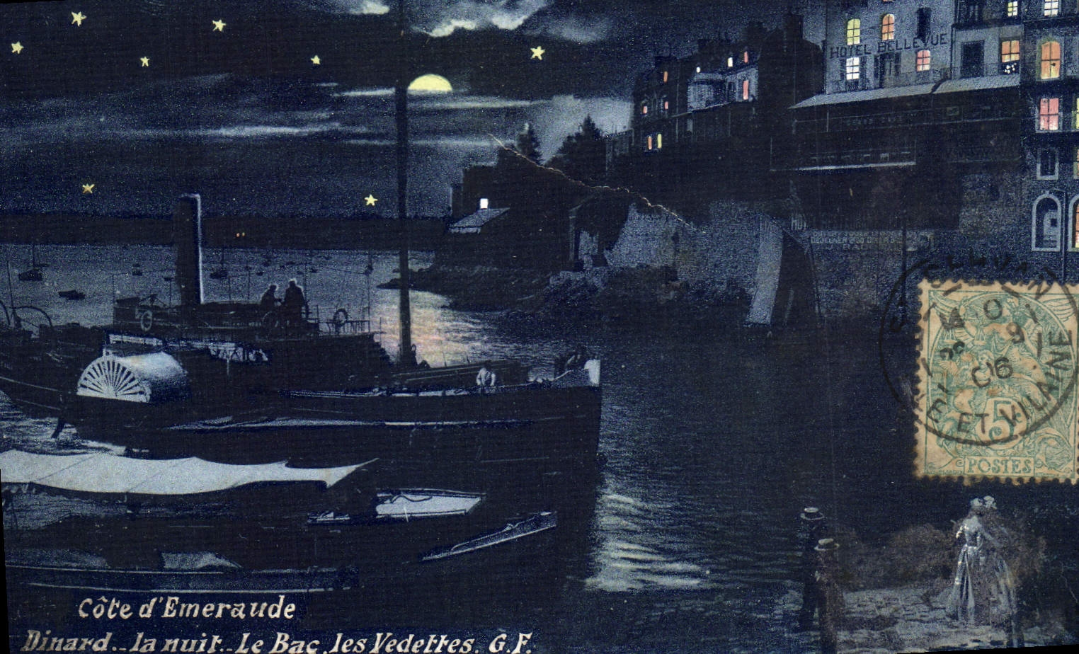 CPA Fantaisie Lune Dinard la nuit Le Bac Les vedettes
