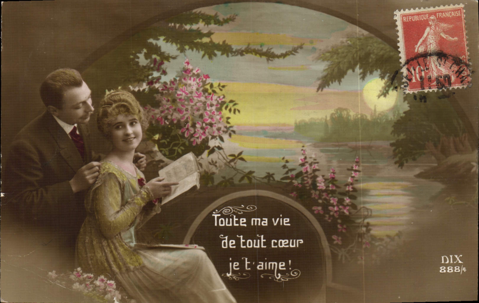Couples amoureux — scène romantique sous un pont — éditeur DIX n° 888/4