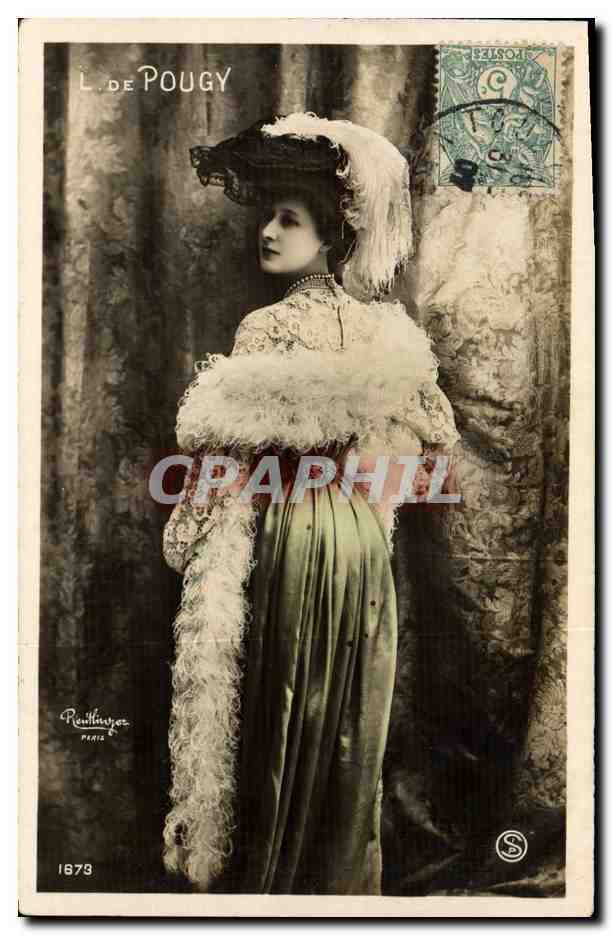 Femme en robe verte et écharpe fourrée — L. DE POUGY — éditeur Raoultinze, Paris, n° 1873