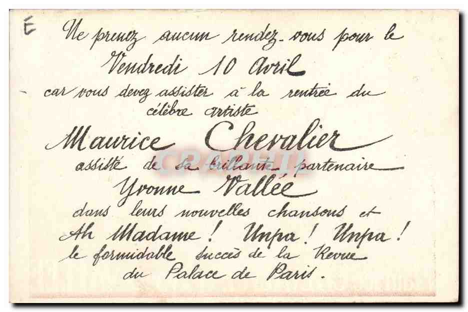 Maurice Chevalier et Yvonne Vallée — Affiche promotionnelle de leur spectacle — CPAPHIL — Verso