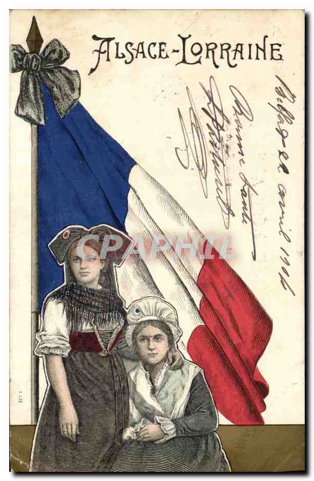 Alsace-Lorraine — Deux femmes en costume régional devant le drapeau français — éditeur LIN - Anverso