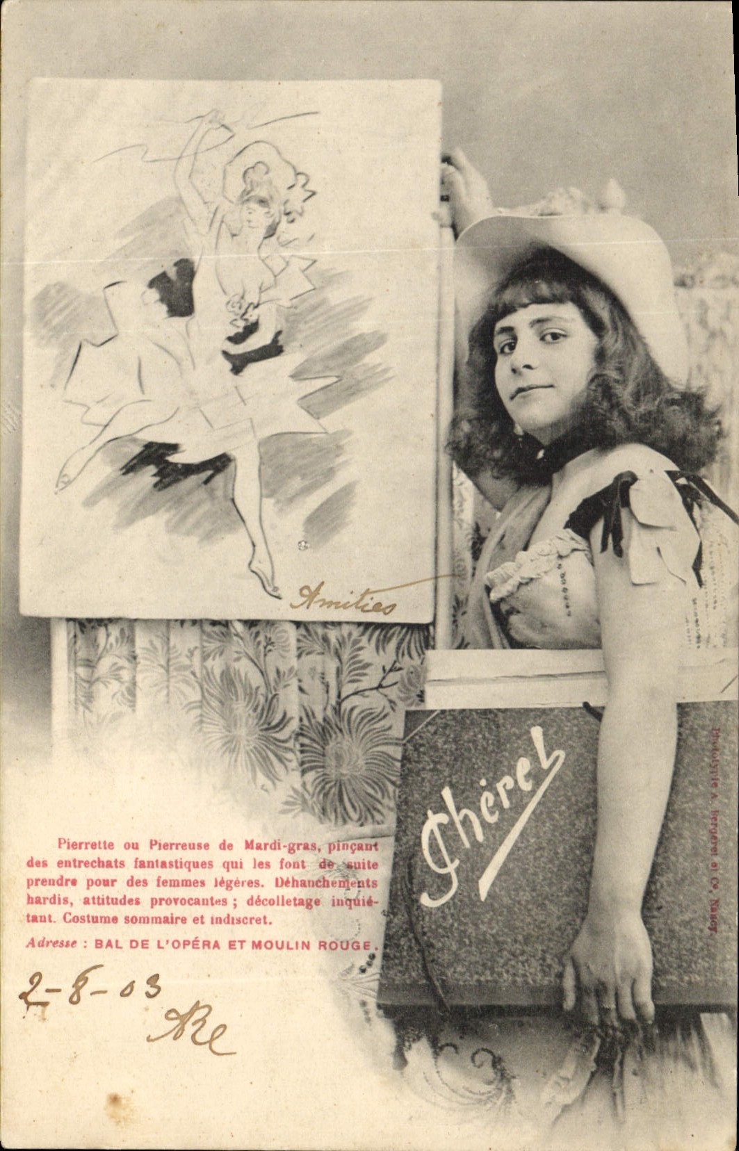 Pierrette ou Pierreuse de Mardi-gras — danseuse au costume sommaire et indiscrét — éditeur Ghérel, n° de série non visible