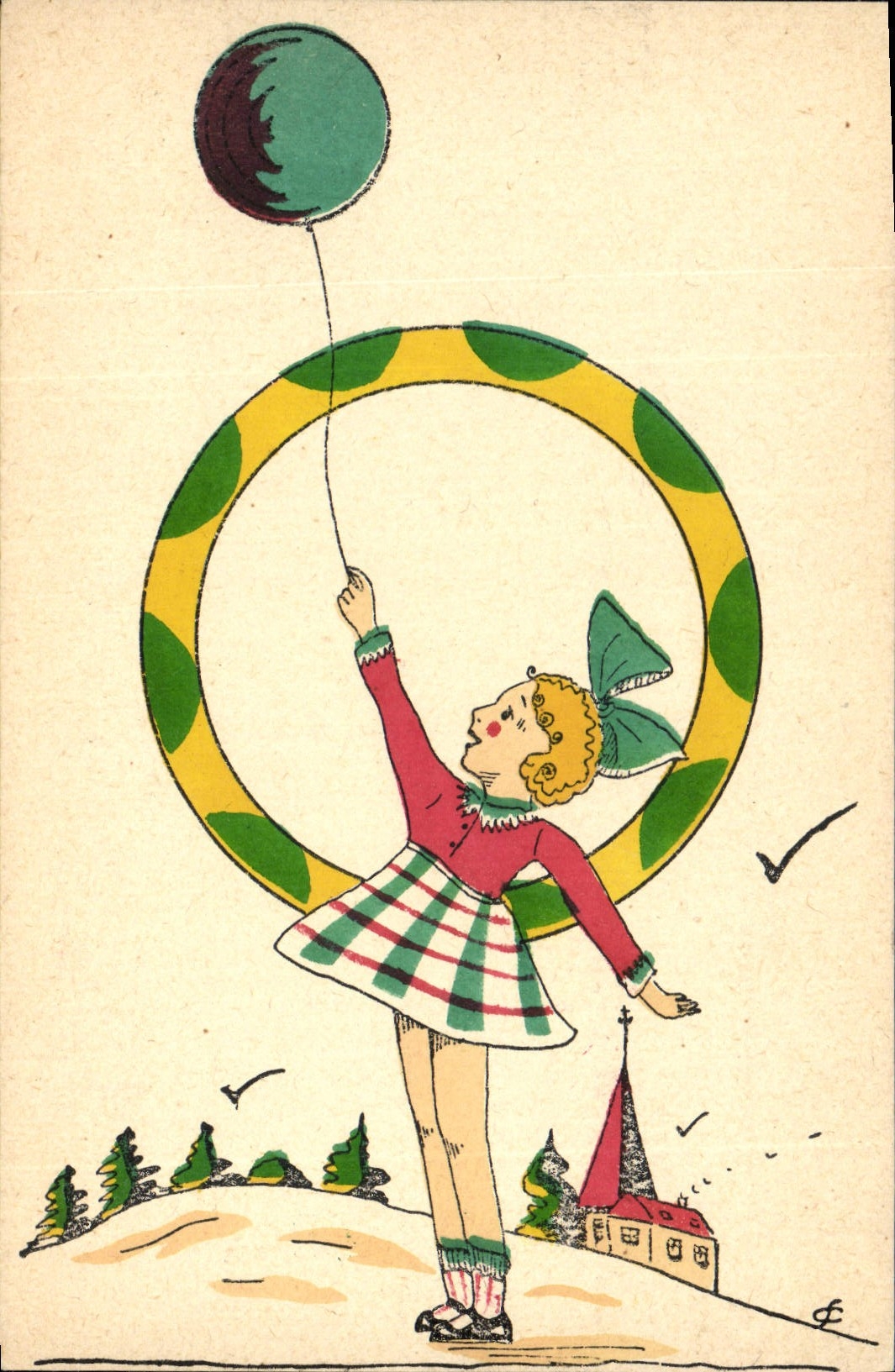 Fille jouant avec un ballon — illustration colorée — éditeur CPAPHIL, n° III
