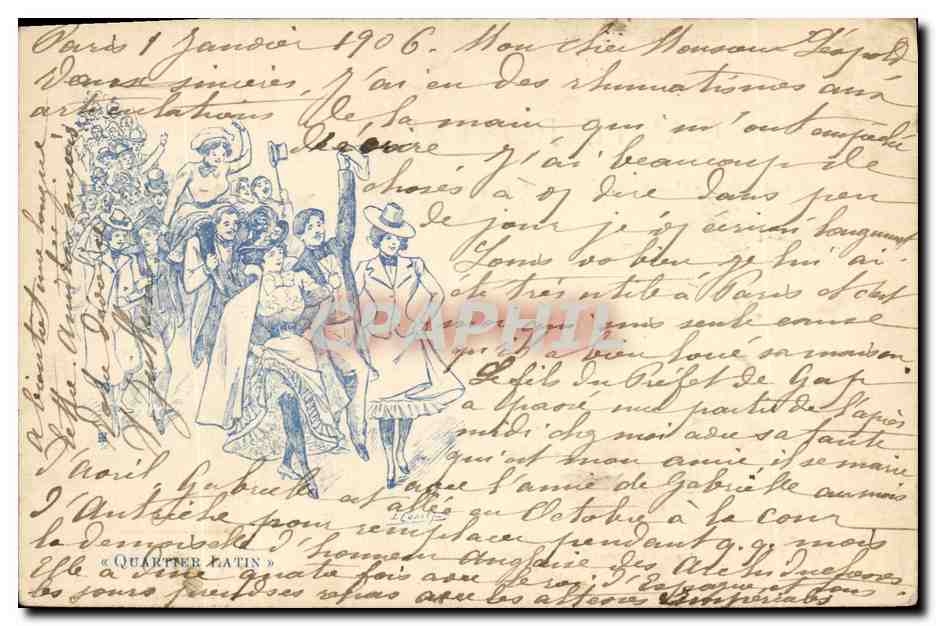 Cartolina d'epoca Fantasia Illustratore Donne Quartiere Latino