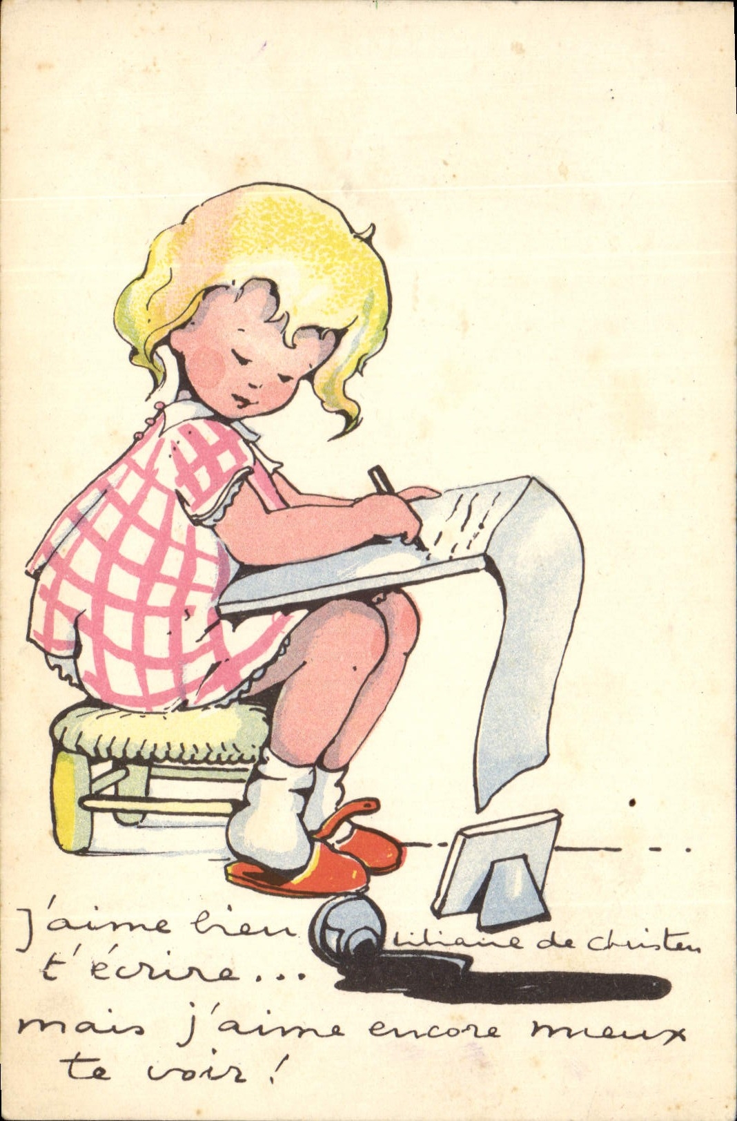 Fille écrivant — illustration — Edition Bellecour, Lyon, n° II