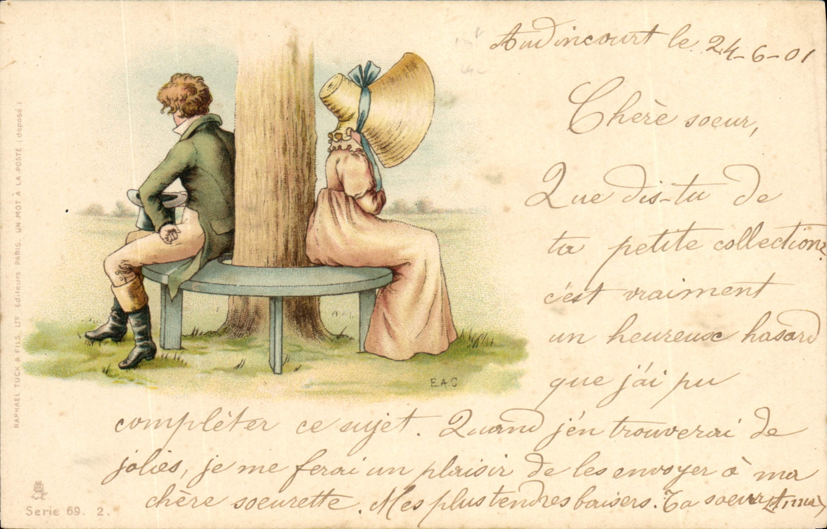 Deux personnes assises dos à dos sur un banc — éditeur Raphael Tuck & Fils, série 69, 2