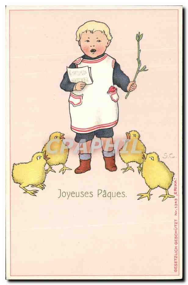 Enfant chantant avec des poussins — Joyeuses Pâques — Erika, N° 1343
