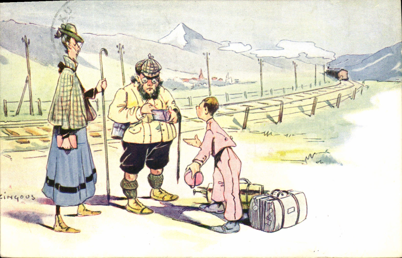 Scène de voyage en montagne — dessin de Cingous — éditeur non visible