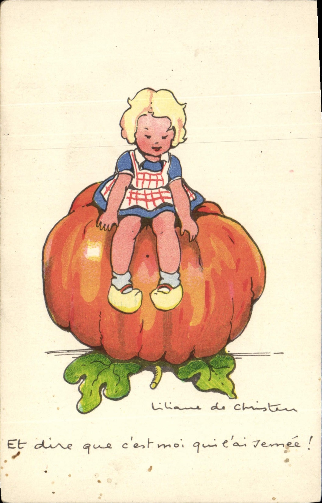 Enfant sur citrouille — illustration de Liliane de Christen — Édition Bellecour, Lyon
