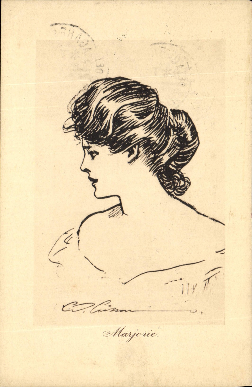 Portrait de Marjorie — dessin de C. Caisson — éditeur The Gibbon Post Cards & Sons Ltd. Londres