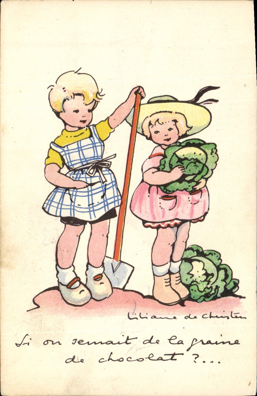 Due bambini in un giardino — illustrazione umoristica — Edizione Bellecour Lyon