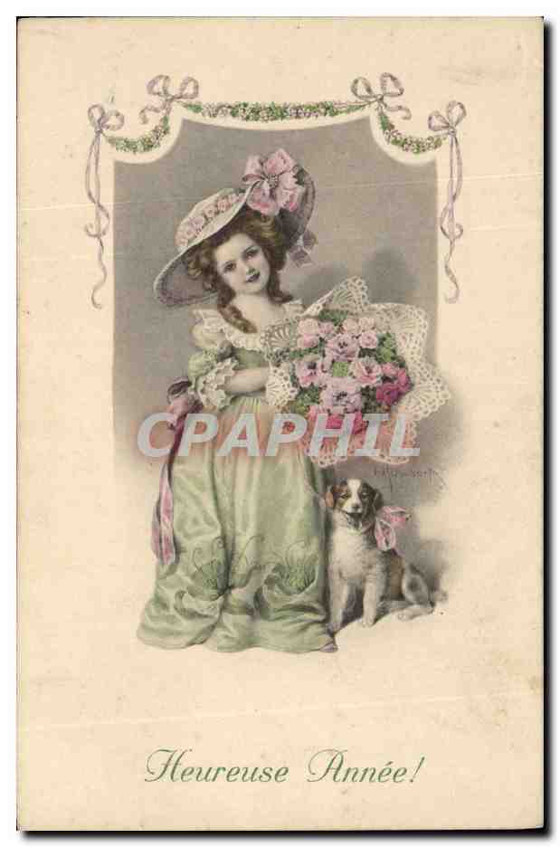 Femme en robe verte et chien — carte de vœux — M.M. Vienne, n° 593