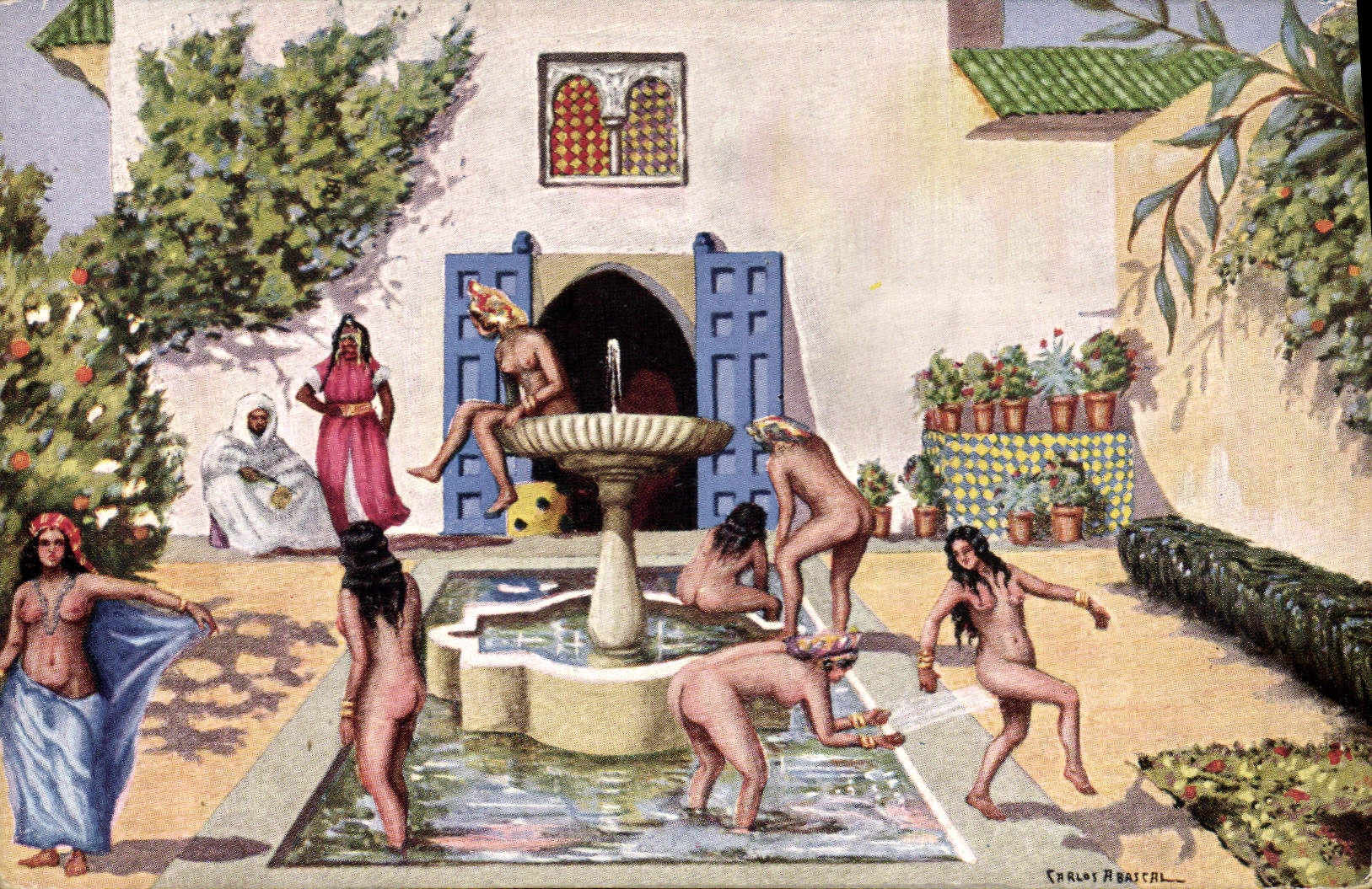 CPA Fantaisie Orientalisme Maroc L'heure du bain dans le harem