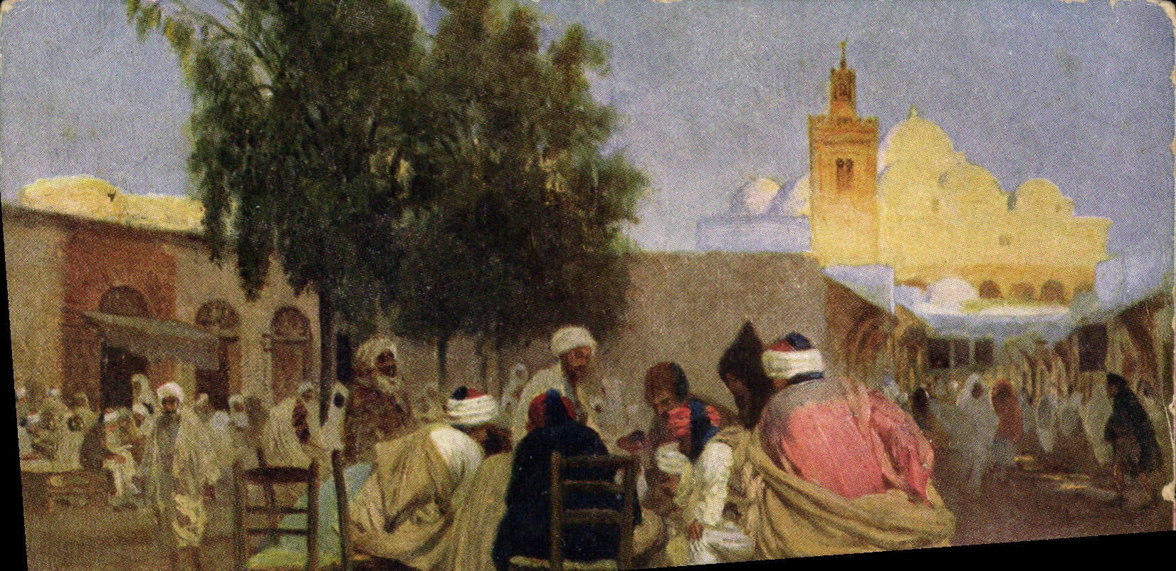 CPA Fantaisie Orientalisme Cafe arabe et mosquee