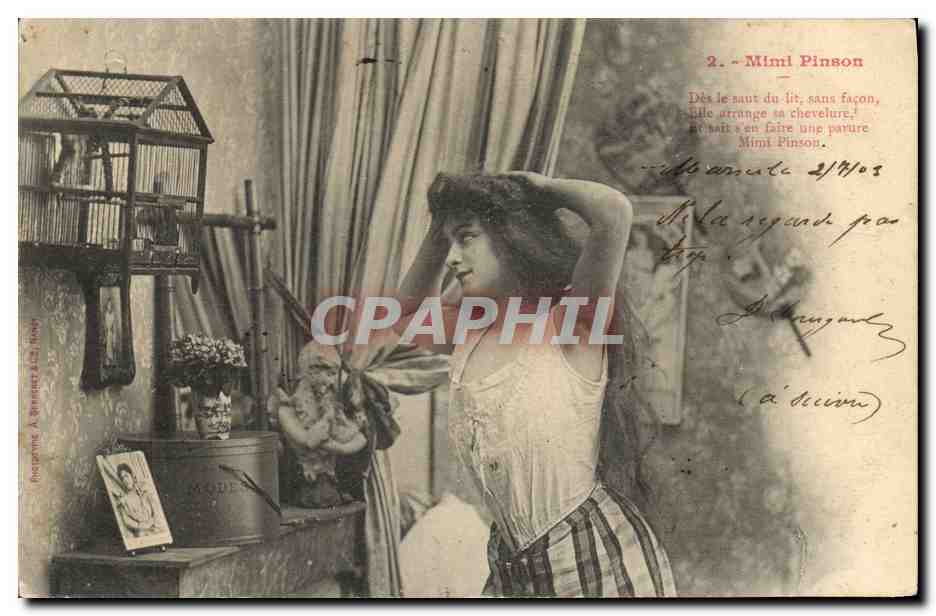 Mimi Pinson — Sujet : femme se coiffant, avec cage à oiseaux — Photographe A. Bérenger (Paris) n°2