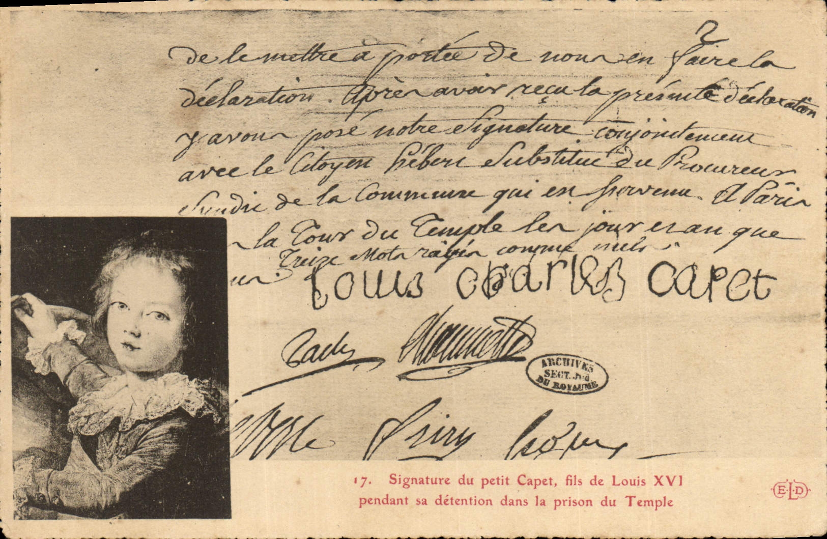 CPA Signature du Petit Capet Fils de louis XVI pendant sa detention dans la prison du temple
