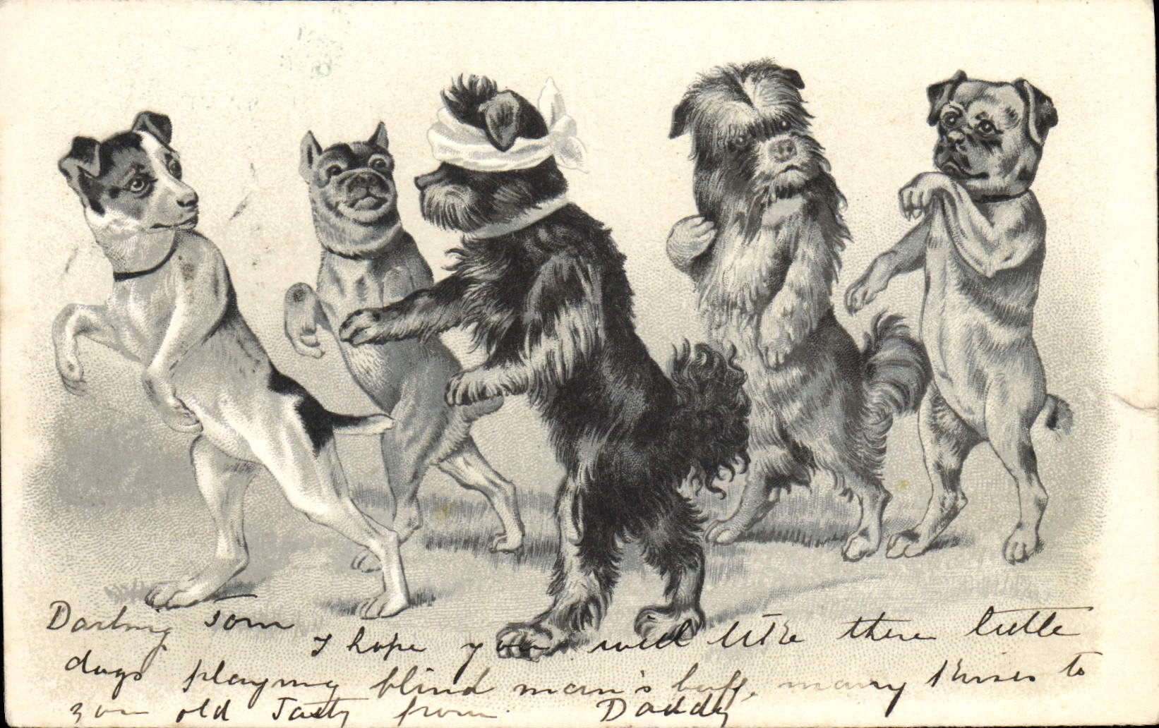 Cinq chiens dansant — illustration humoristique — éditeur non identifié