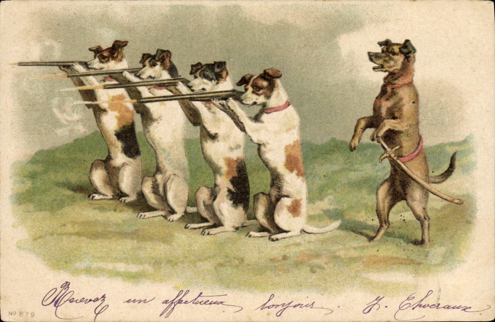 Chiens de chasse — quatre chiens tenant des fusils, un chien tenant une épée — Z. Chveraux, n° 879