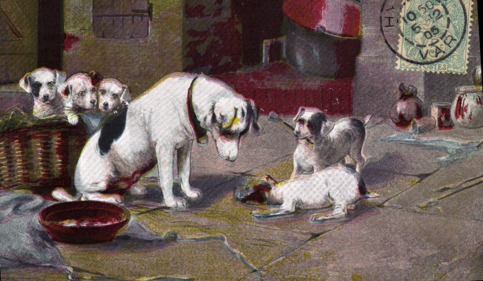 Chiens et chiots — scène de vie — éditeur Weltpostverein, n° 97