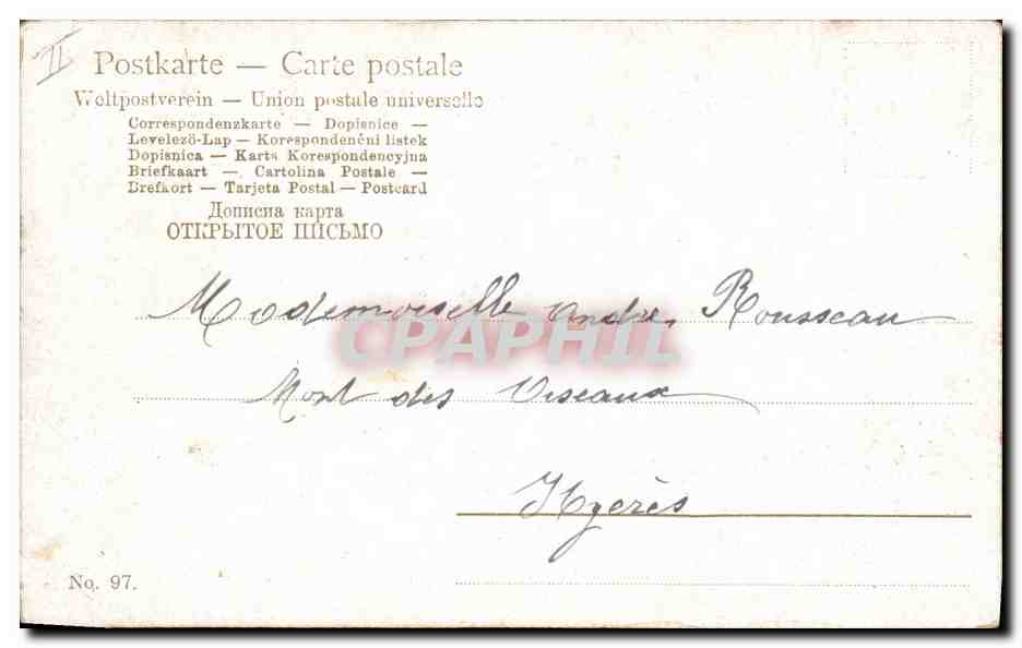 Chiens et chiots — scène de vie — éditeur Weltpostverein, n° 97 — Rückseite