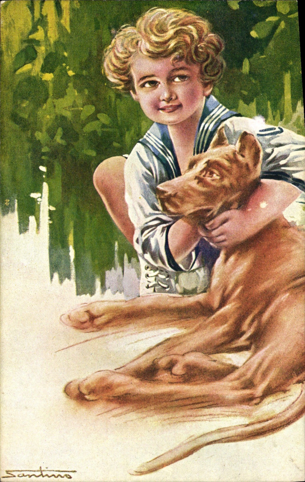 Enfant et chien — scène de jardin — éditeur Santino