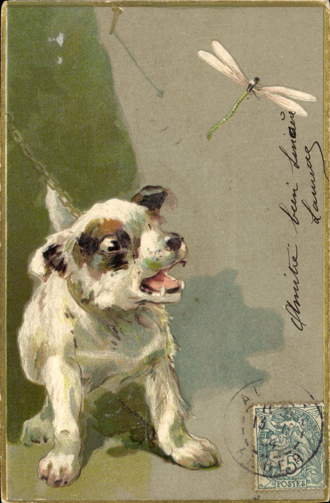 Chien jouant avec une libellule — éditeur inconnu, n° de série non visible