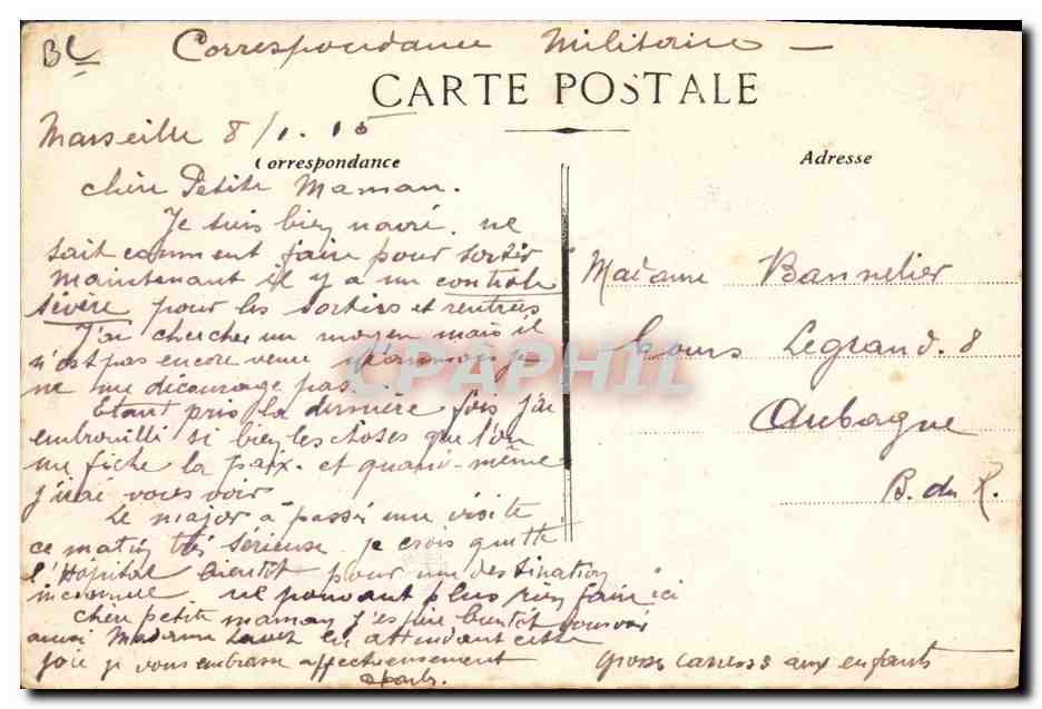 Hôpital St-Sebastien — Un coin de la salle, fondée par le personnel des P.T. de Marseille — Guerre 1914-1915 — Reverso