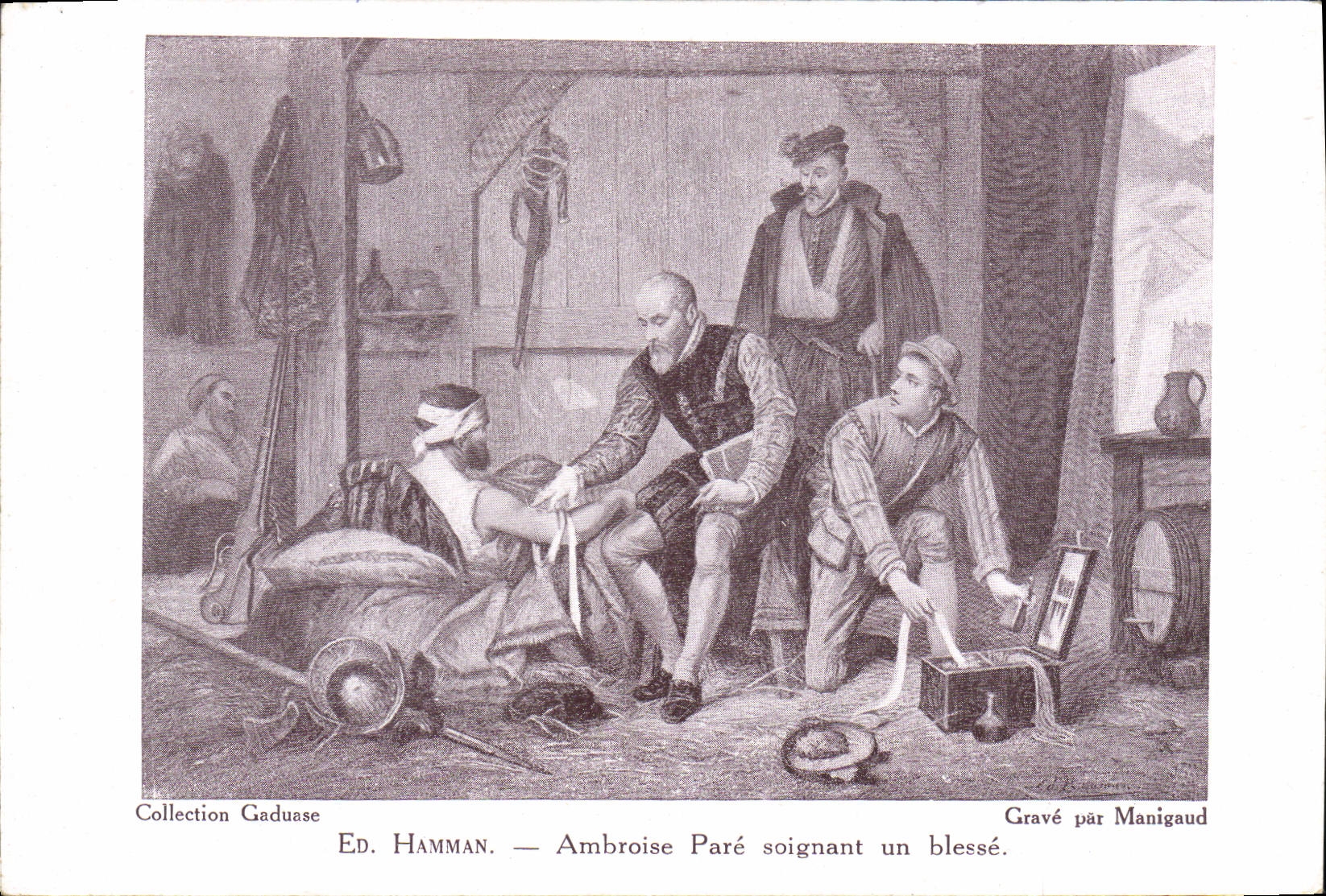 Ambroise Paré soignant un blessé — Gravé par Manigaud — Éd. Hamman